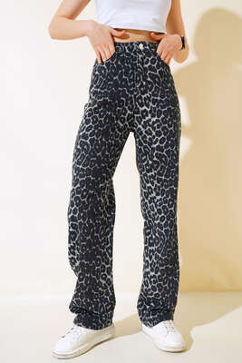Leopar Desen Uzun Salaş Pantolon Gri Leopar - AREF