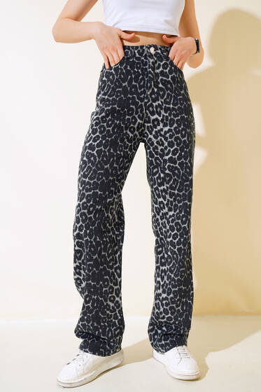 Leopar Desen Uzun Salaş Pantolon Gri Leopar - Yeni Giyim