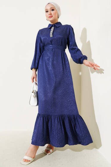 Leopar Desen Yaka Taşlı Jakar Elbise Lacivert - Elbise