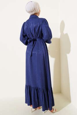 Leopar Desen Yaka Taşlı Jakar Elbise Lacivert - Tesettür Elbise