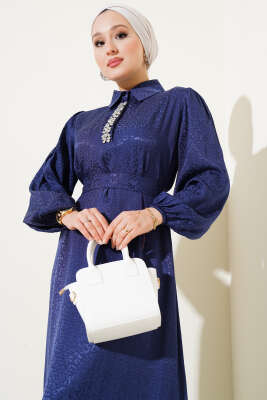 Leopar Desen Yaka Taşlı Jakar Elbise Lacivert - Tesettür Elbise