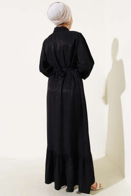 Leopar Desen Yaka Taşlı Jakar Elbise Siyah - Tesettür Elbise