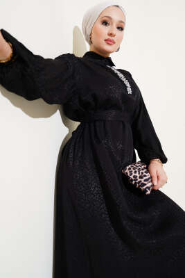 Leopar Desen Yaka Taşlı Jakar Elbise Siyah - Tesettür Elbise