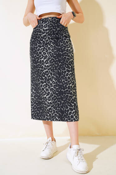 Leopar Desen Yırtmaçlı Detaylı Kot Etek Gri Leopar - Kadın Giyim Modelleri
