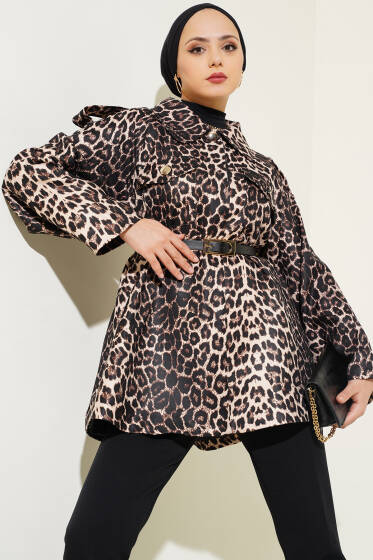 Leopar Desenli Astarlı Kemerli Ceket Bej - Ceket