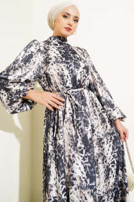 Leopar Desenli Balon Kol Saten Elbise Bej - Tesettür Elbise