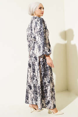 Leopar Desenli Balon Kol Saten Elbise Bej - Tesettür Elbise