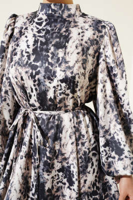 Leopar Desenli Balon Kol Saten Elbise Bej - Tesettür Elbise