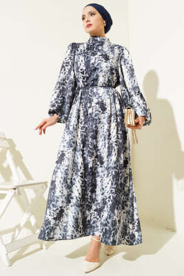 Leopar Desenli Balon Kol Saten Elbise Duman Gri - Tesettür Elbise