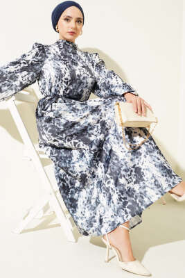 Leopar Desenli Balon Kol Saten Elbise Duman Gri