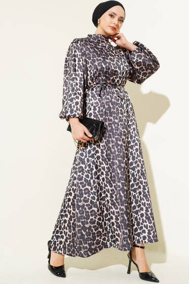 Leopar Desenli Balon Kol Saten Elbise Leopar - Elbise
