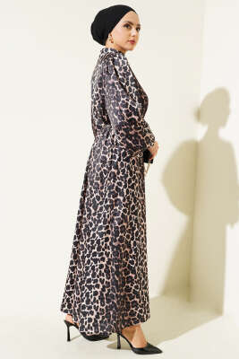 Leopar Desenli Balon Kol Saten Elbise Leopar - Tesettür Elbise