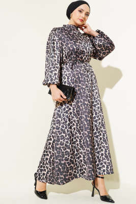 Leopar Desenli Balon Kol Saten Elbise Leopar 