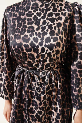 Leopar Desenli Balon Kol Saten Elbise Leopar - Tesettür Elbise