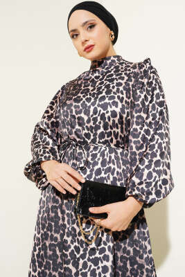 Leopar Desenli Balon Kol Saten Elbise Leopar - Tesettür Elbise