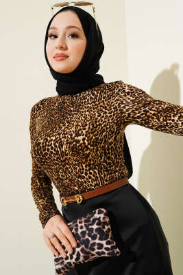 Leopar Desenli Basic Body Bej - Bluz