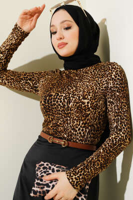 Leopar Desenli Basic Body Bej 