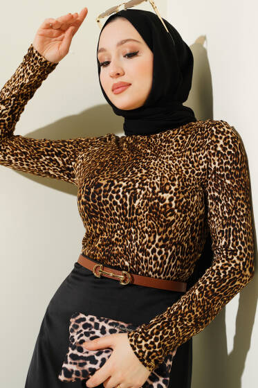 Leopar Desenli Basic Body Bej - Bluz