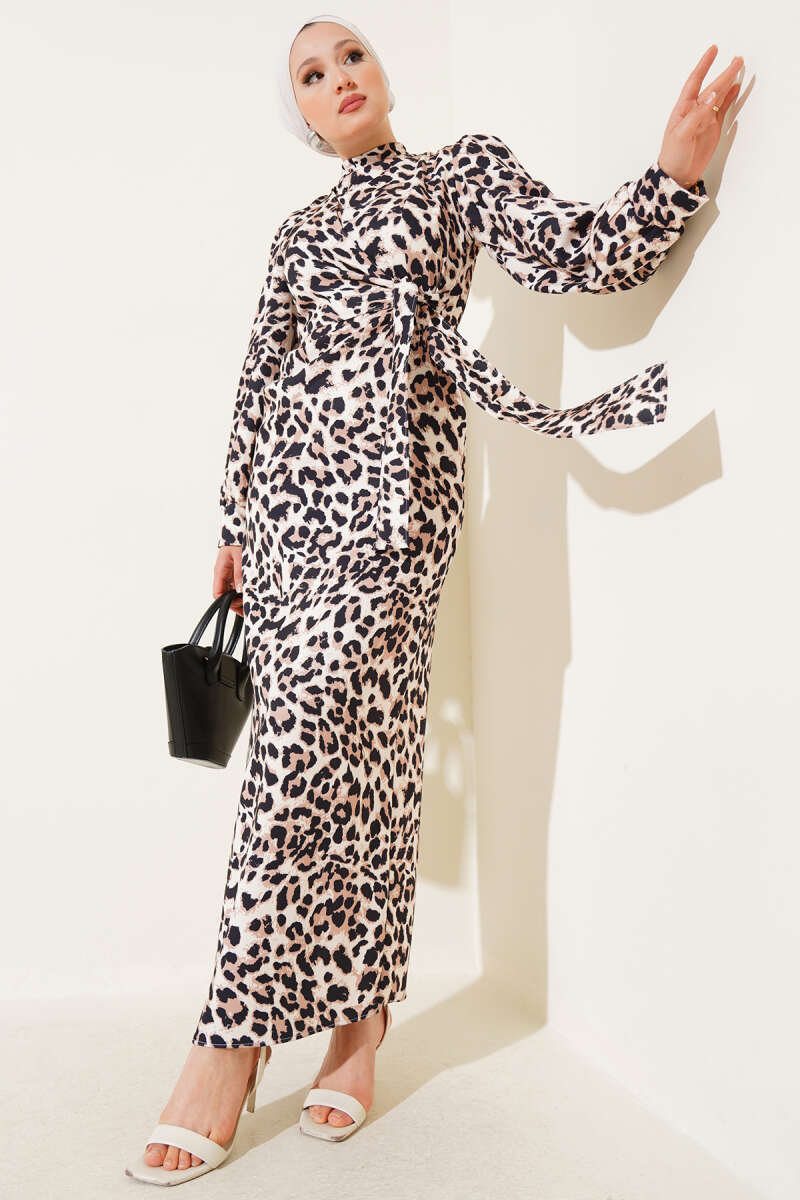 Leopar Desenli Belden Bağlamalı Elbise Leopar