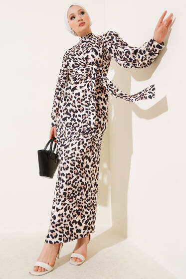 Leopar Desenli Belden Bağlamalı Elbise Leopar - Elbise