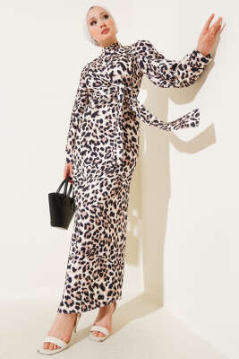 Leopar Desenli Belden Bağlamalı Elbise Leopar