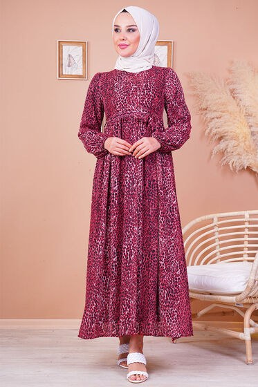 Leopar Desenli Bordo Şifon Tesettür Elbise - Tesettür Elbise