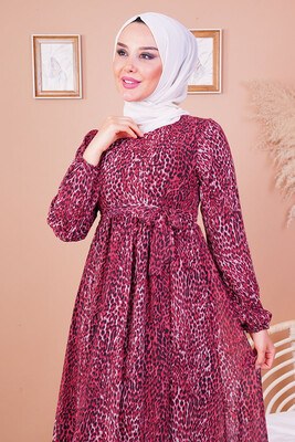 Leopar Desenli Bordo Şifon Tesettür Elbise - Tesettür Elbise