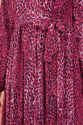 Leopar Desenli Bordo Şifon Tesettür Elbise - Tesettür Elbise