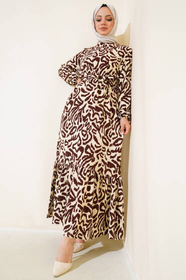 Leopar Desenli Bürümcük Elbise Kahve - Elbise