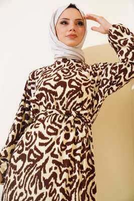 Leopar Desenli Bürümcük Elbise Kahve - Tesettür Elbise