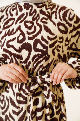 Leopar Desenli Bürümcük Elbise Kahve - Tesettür Elbise