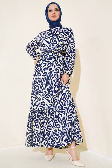 Leopar Desenli Bürümcük Elbise Lacivert - Elbise
