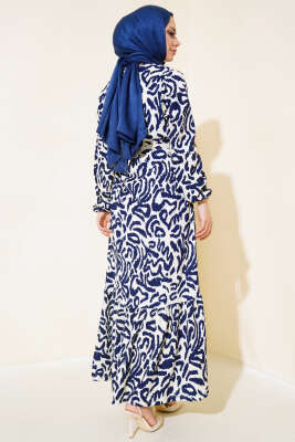 Leopar Desenli Bürümcük Elbise Lacivert - Tesettür Elbise