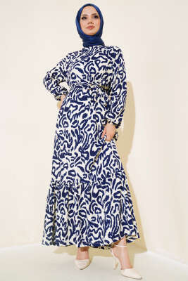 Leopar Desenli Bürümcük Elbise Lacivert 
