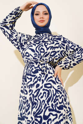 Leopar Desenli Bürümcük Elbise Lacivert - Tesettür Elbise
