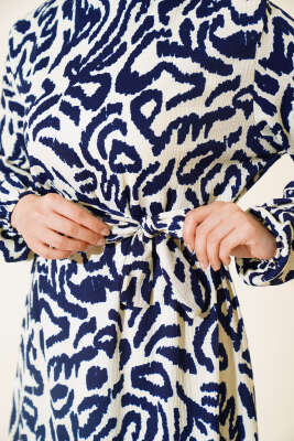 Leopar Desenli Bürümcük Elbise Lacivert - Tesettür Elbise