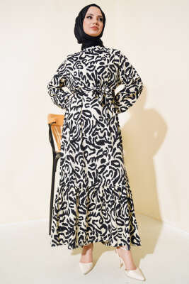 Leopar Desenli Bürümcük Elbise Siyah - Tesettür Elbise