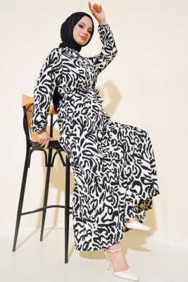 Leopar Desenli Bürümcük Elbise Siyah - Tesettür Elbise