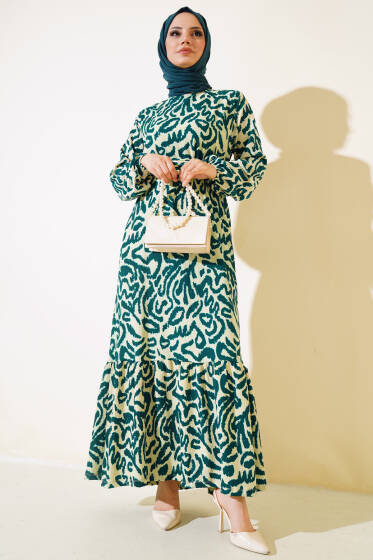 Leopar Desenli Bürümcük Elbise Zümrüt - Elbise