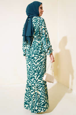 Leopar Desenli Bürümcük Elbise Zümrüt - Tesettür Elbise