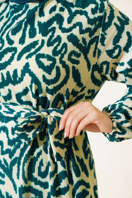 Leopar Desenli Bürümcük Elbise Zümrüt - Tesettür Elbise