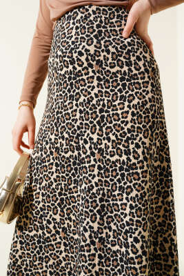 Leopar Desenli Bürümcük Etek Bej - Uzun Etek