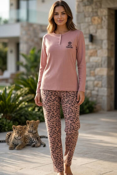 Leopar Desenli Düğmeli Kadın Pijama Takımı Gül Kurusu - Pijama