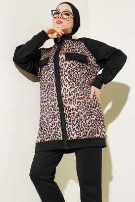 Leopar Desenli Fermuarlı Scuba İkili Takım Camel - 500-700 TL Ürünler
