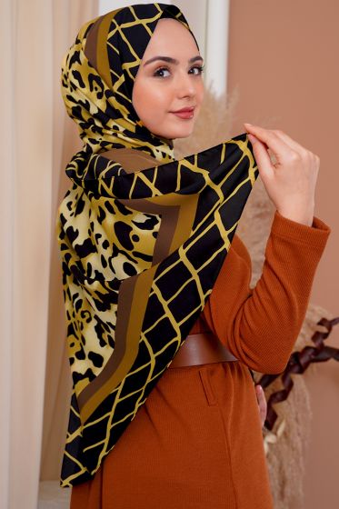 Leopar Desenli Hardal Medine İpeği Şal - Black&White