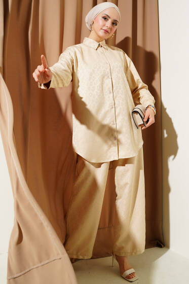 Leopar Desenli Jakar İkili Takım Bej - İkili Takım