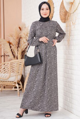 Leopar Desenli Kemerli Elbise 