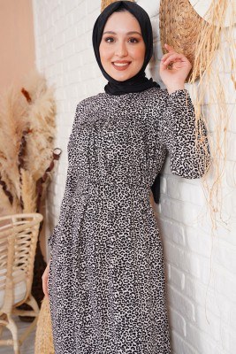 Leopar Desenli Kemerli Elbise - Tesettür Elbise