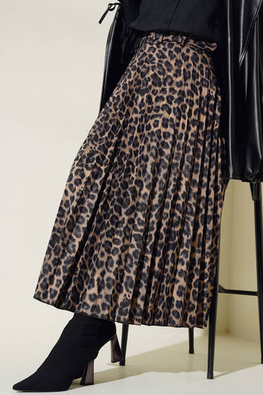 Leopar Desenli Kemerli Piliseli Etek Gece Mavisi - Uzun Etek