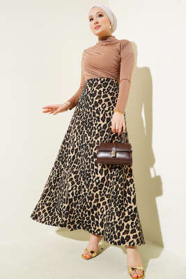 Leopar Desenli Kloş Etek Camel - Etek